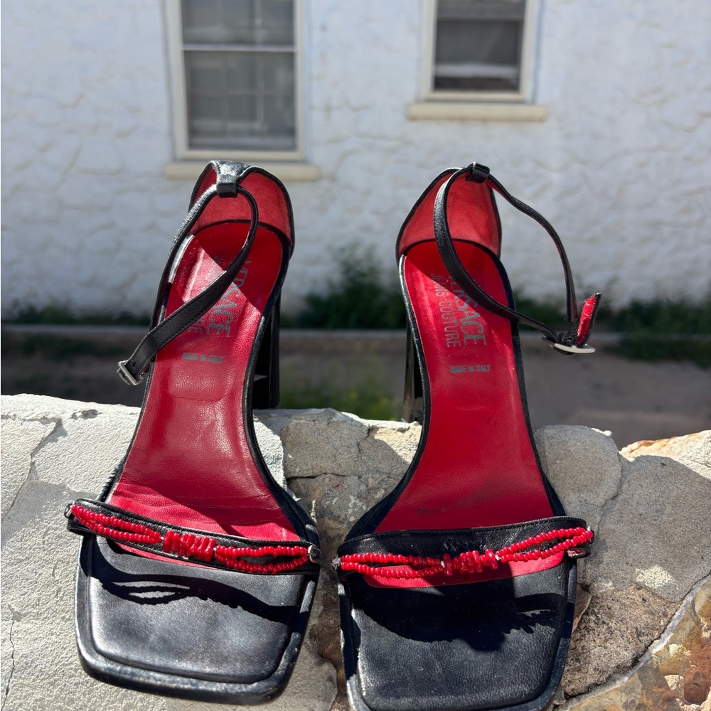 Versace Black and Red Strappy Heels